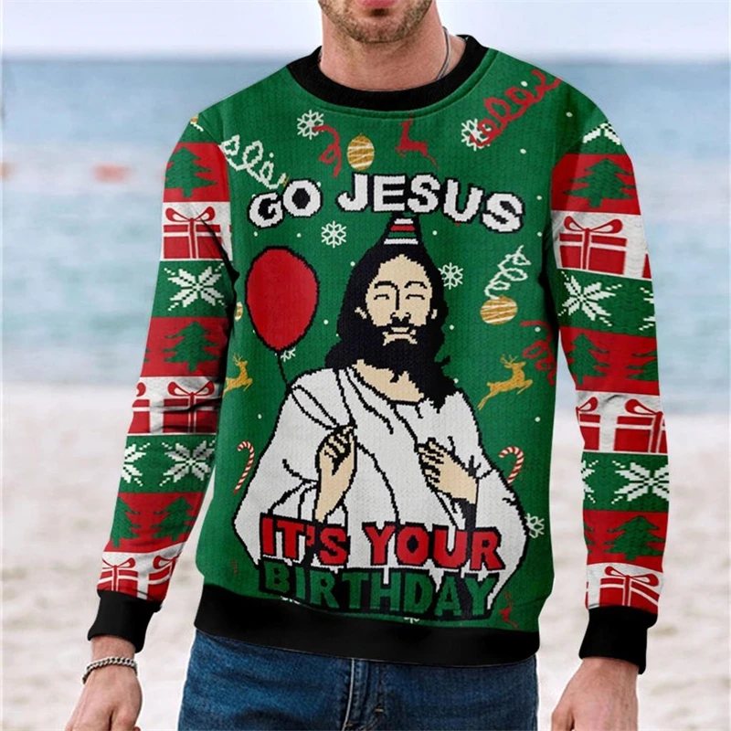 Christmas Elk Sweatshirt Men\'s Clothing Long Sleeves Pullover 3D Print Jesus Family Holiday Gifts 2024 Autumn Trend Sweatshirts