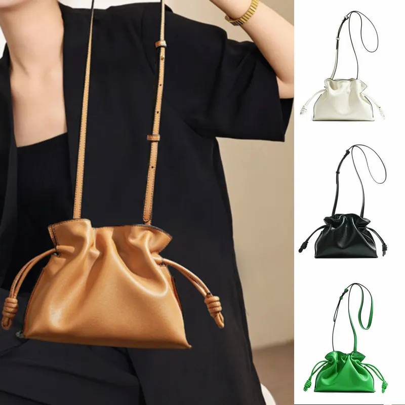 2026 New Soft Cowhide Bucket Bag for Women Drawstring Pleated Tote Luxury Designer Single Shoulder Lucky Bag