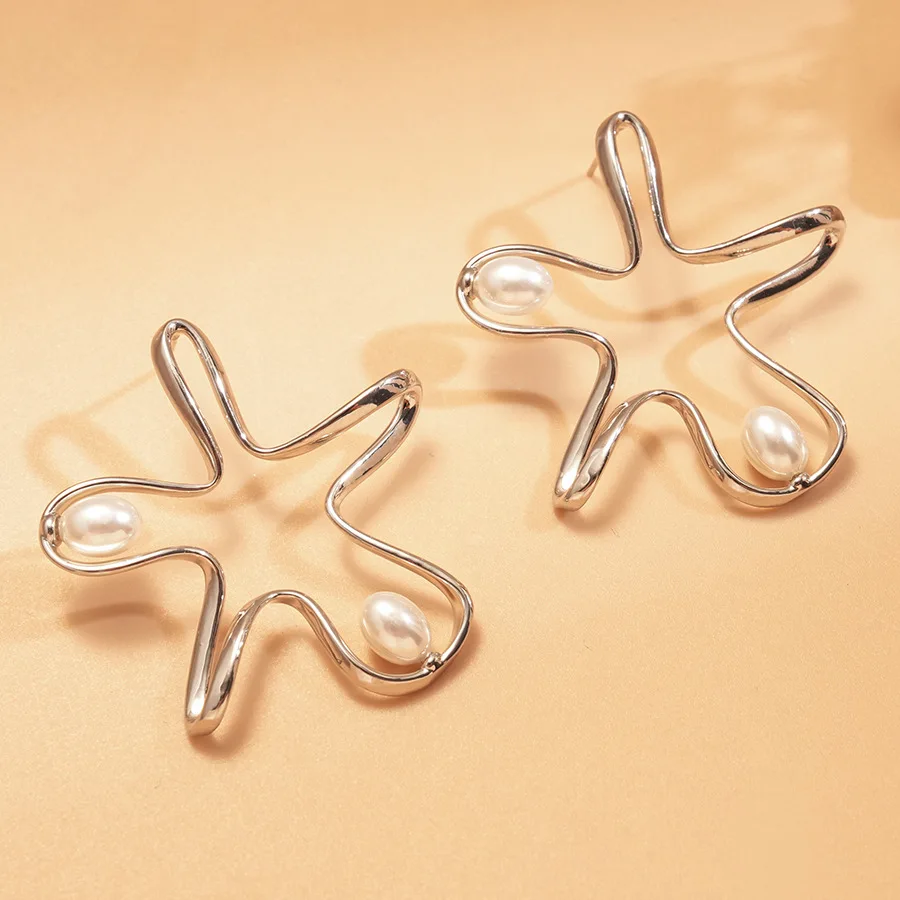 Imitation pearl line three-dimensional flower silver needle earrings simple niche personality temperament fashion high sense