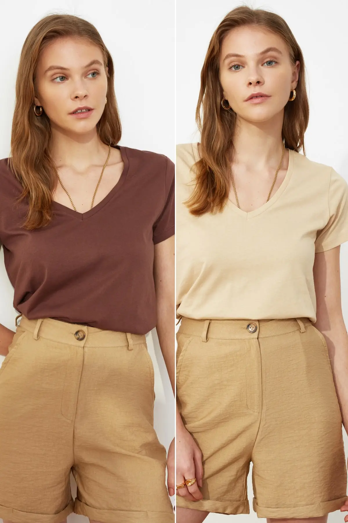 Brown-Beige 100 Cotton Single Jersey V-Neck 2'li Package Knitted T-Shirt TWOSS20TS0142