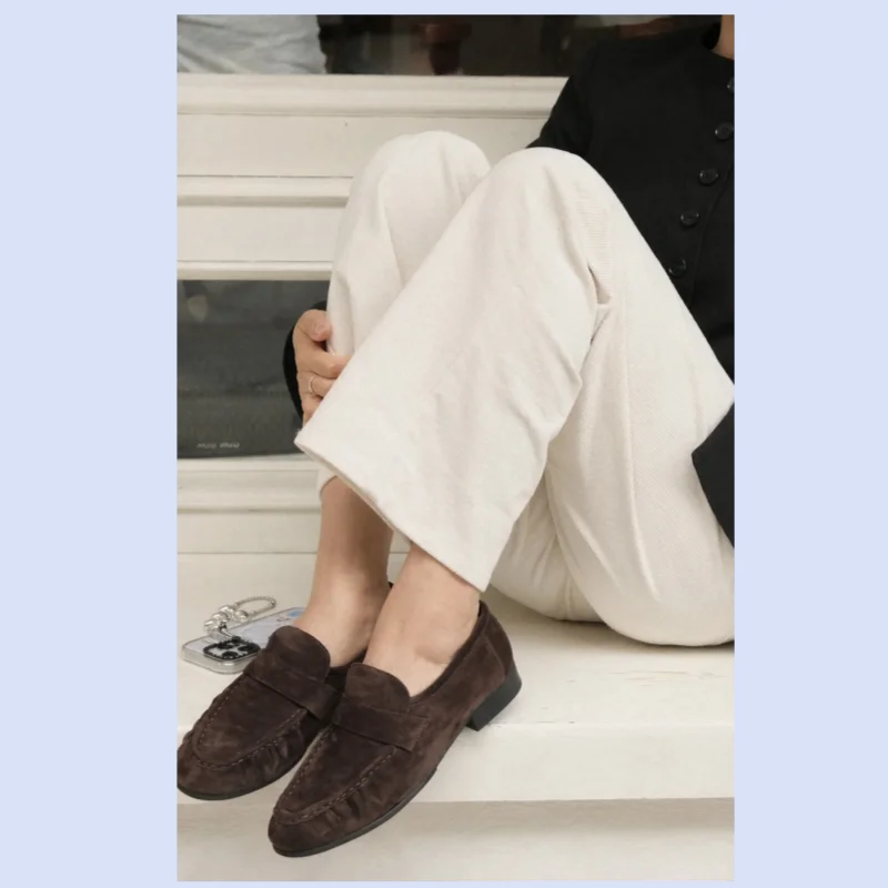 Lao Qianfeng genuine leather French vintage women's low-heeled pleated internal height-increasing commuter loafers