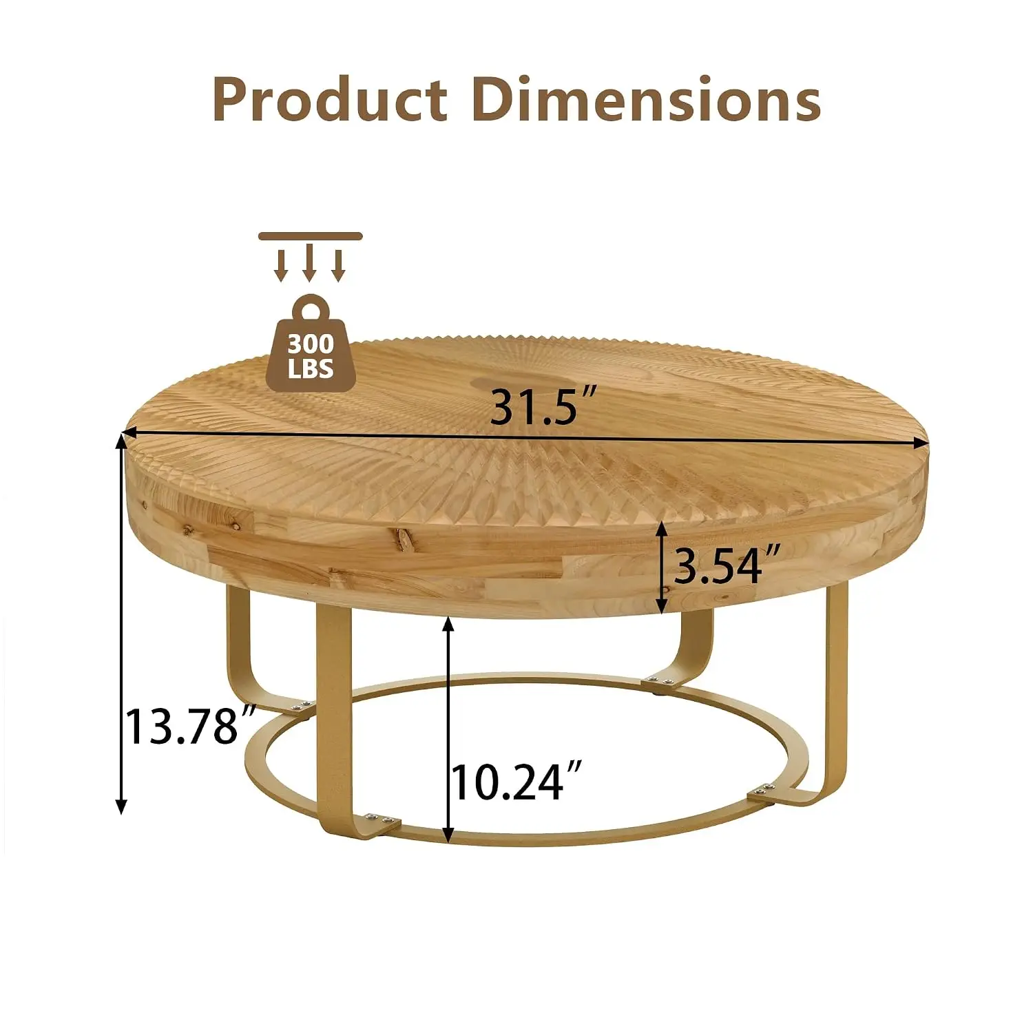 Round Wood Coffee Table, Small Side Table with Radial Pattern & Metal Leg, Rustic Gold Accent for Living Room, Customized