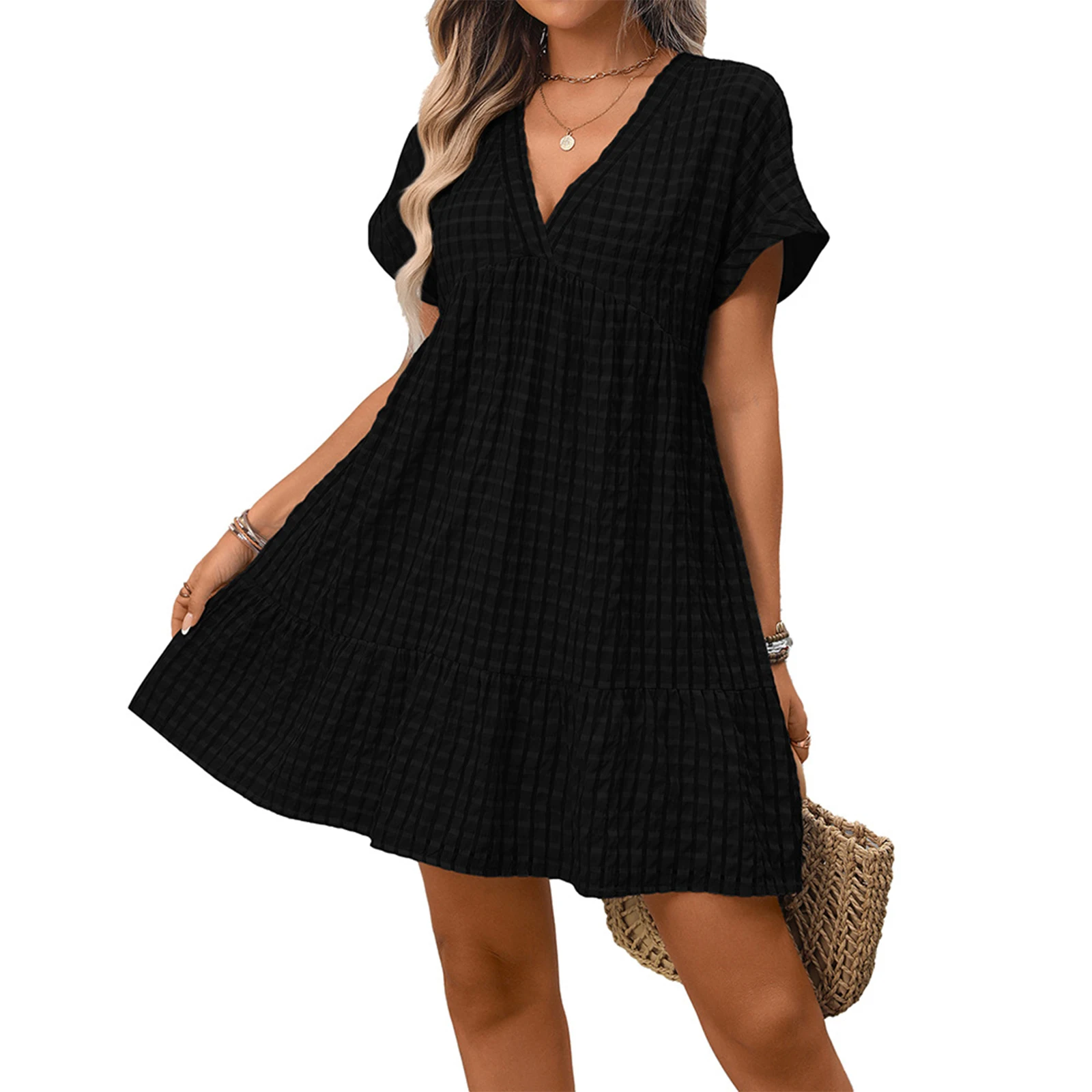 فساتين ربيع الخريف للنساء متقلب الخامس الرقبة قصيرة الأكمام تكدرت عطلة فستان فضفاض فستان صيفي Vestidos Para Mujer