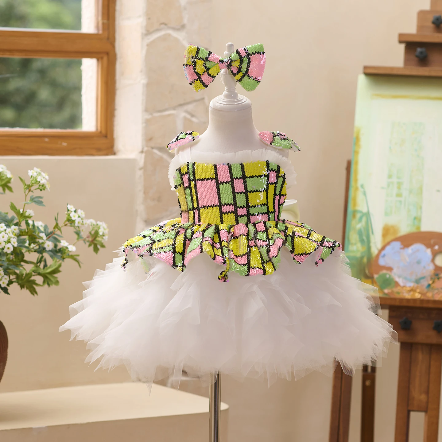Children's Girls Green Princess Dress White Pontoon Halloween Ball Birthday Party Dress for Kids