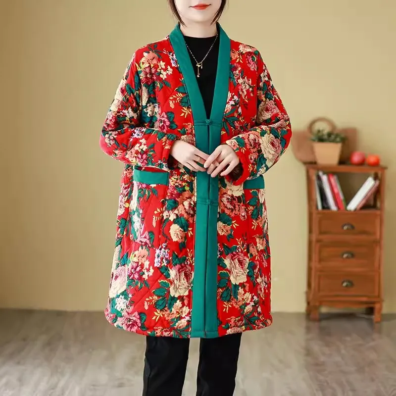 

Oversized Chinese Style Women Floral Long Cardigan Coat 2024 New Autumn Winter Plus Velvet Jackets Vintage Thick Warm Parkas