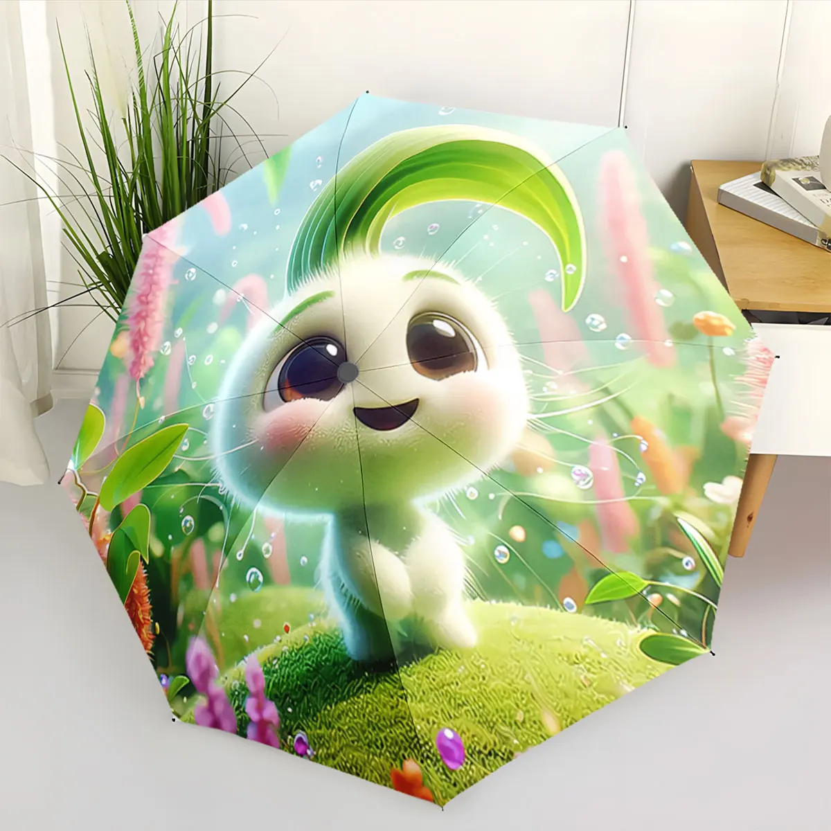 Cute Leaf-Haired Character with Cheerful Nature Scene portable waterproof sun rain umbrella for outdoor travel beach