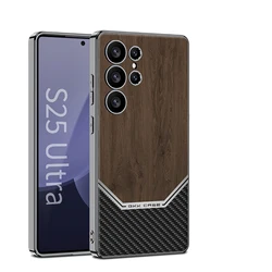 Luxury PU Leather Wood Texture Pattern Electroplated Frame Phone Cover for Samsung Galaxy S25 S24 S23 Ultra Case