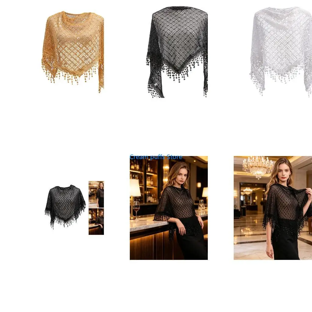 50LE Fashionable Hollowed Scarf with Fringe Detail Shoulder Cover for Spring and Fall Layering Decorative Shawl Wrap