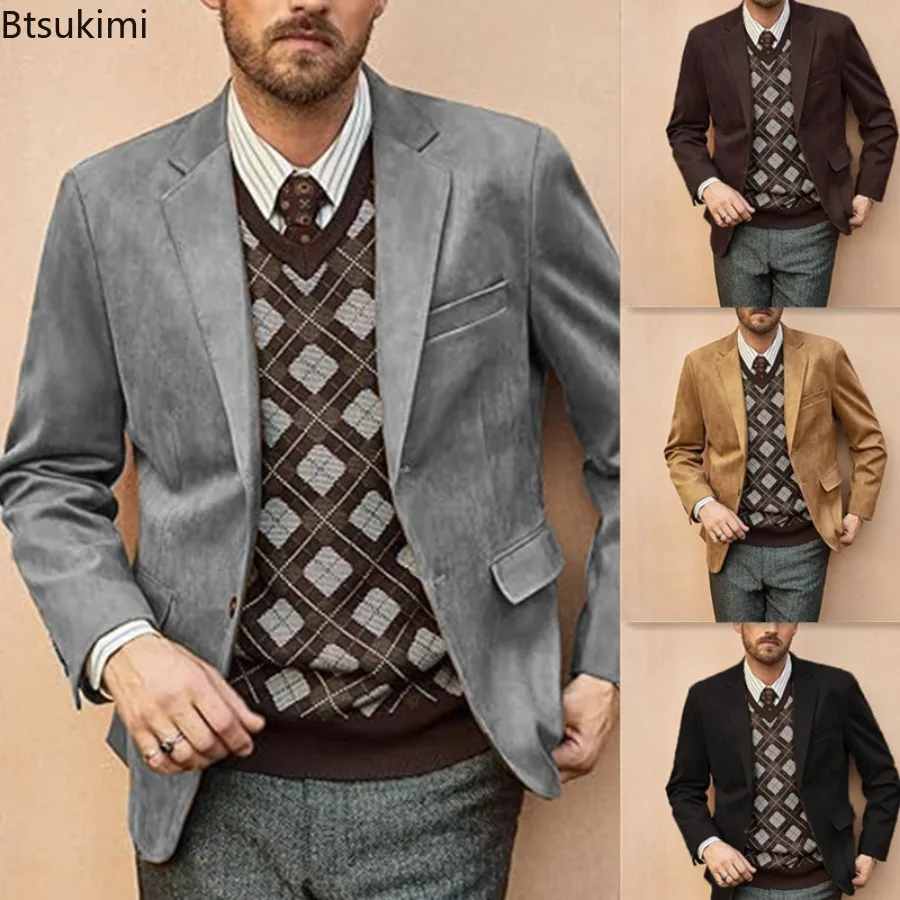 

2025 мужские пиджаки, модные однотонные однобортные пиджаки, деловой повседневный кардиган с длинными рукавами, пальто, осенне-зимняя мужская одежда