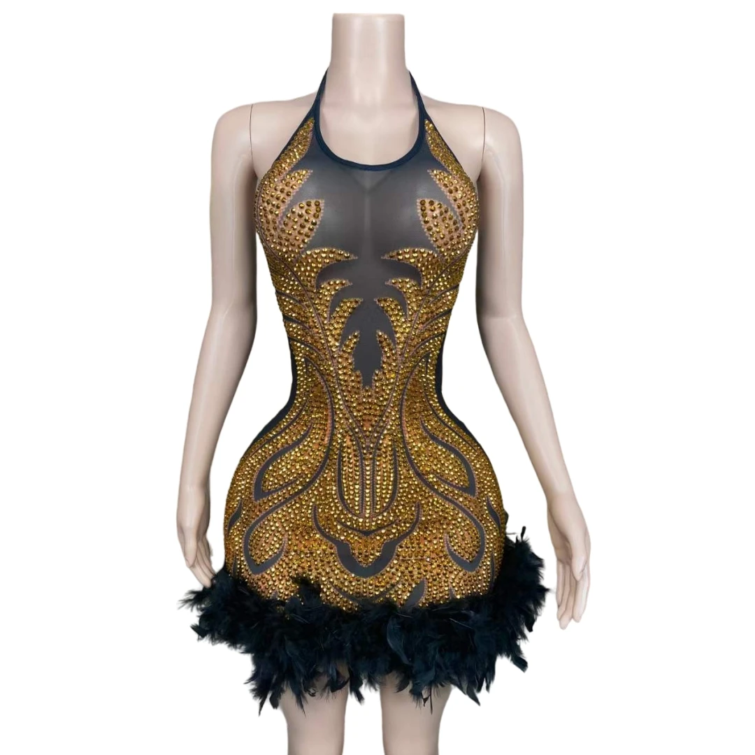 

Velvet Luxury Rhinestone Dress For Women Backless Halter Neck With Black Feather Birthday Queen Night Out Dance Stage Wear