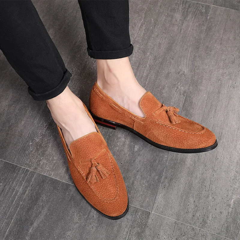 Men\'s Casual Suede Leather Shoes Mens Driving Loafers Light Moccasins Men Trendy Tassels Party Wedding Flats EUR Sizes 38-48