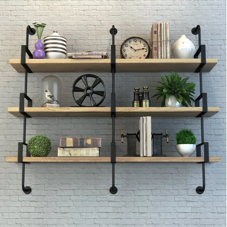 Iron Wall Hanging Solid Wood Flat Partition Shelf Wall Kitchen Living Room Bookshelf