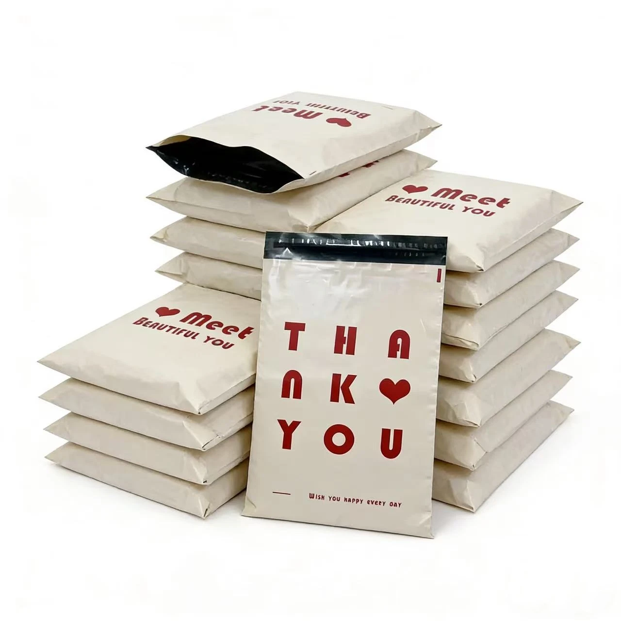 50pcs New Apricot Envelope PE Mailer Courier Bag Clothes Packaging Mailing Bags THANK YOU Heart Express Foldable Shopping Bag