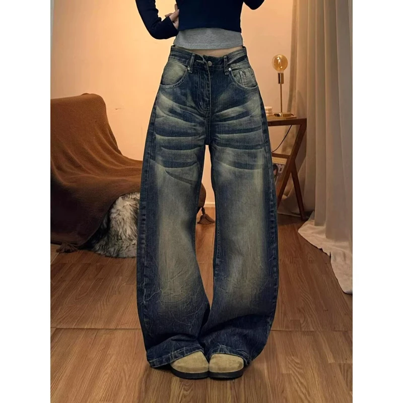 American Retro Washed Curved Knife Jeans Women's Straight Leg 2026 Spring and Autumn New Loose Floor Mop