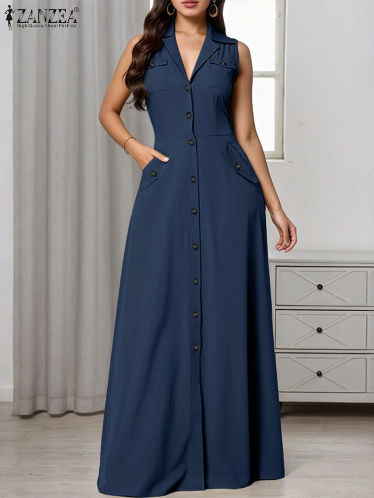 ZANZEA-Vestido largo de verano para mujer, vestido veraniego elegante para oficina, bata de fiesta sin mangas, moda informal 2021, Vestidos holgados con cuello entallado