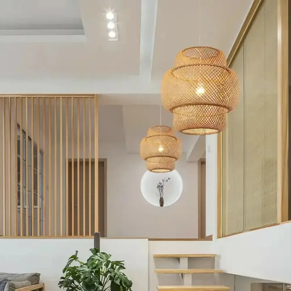 Modern 26/30CM Bamboo Woven Pendant Light, E27 Handmade Natural Lampshade Hanging Ceiling Fixture for Kitchen Island Bedroom