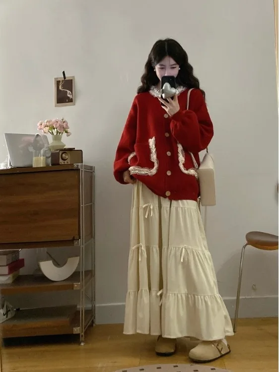 

plus Size Women's Sweet round Neck Lace Trim Sweater Jacket And High Waist Skirt Two Piece Set Autumn Winter Fashion