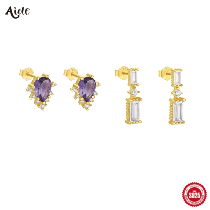 Aide 925 Sterling Silver Purple Water Drop Zircon Retro Stud Earrings For Women Hypoallergic K Gold Elegant Piercing Jewelry