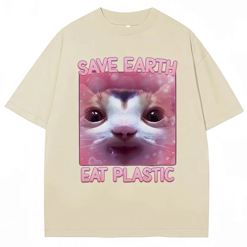 Save the Earth by Eating Kunststoff süße Katze Emoji T-Shirt Damenmode ästhetisches T-Shirt lässig übergroßes Sommer süßes T-Shirt