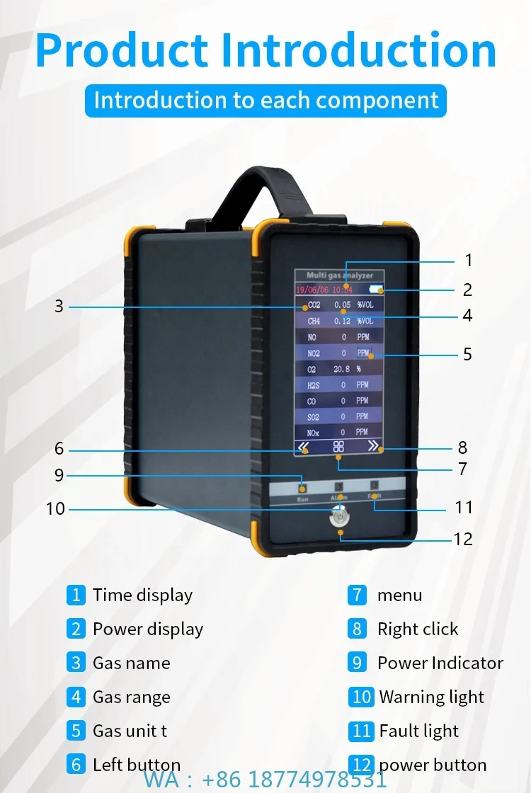 16 in 1 Portable Multi Gas Analyzer, Flue Gas Detector for NO2, CH4, SF6, Argon & Combustible Gas