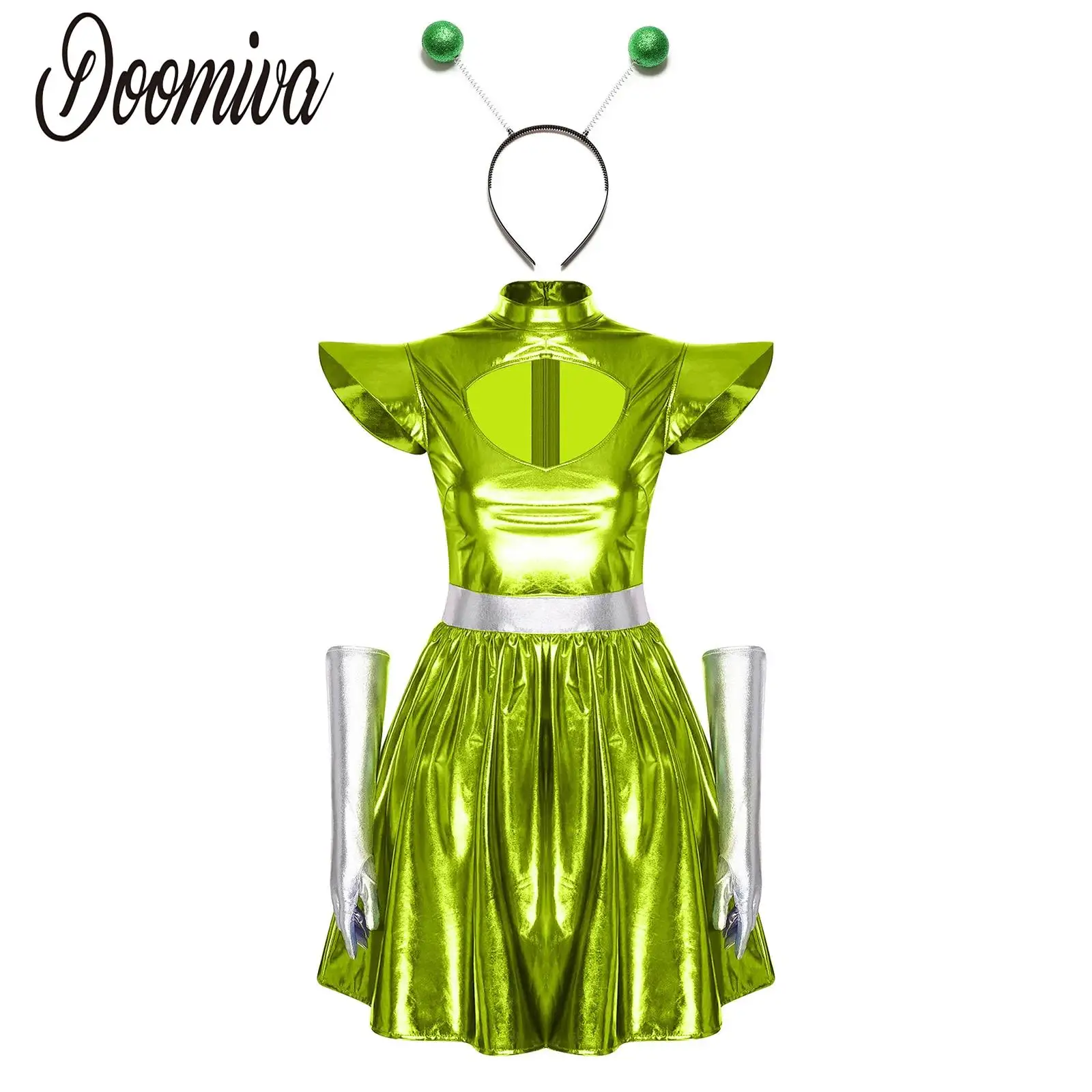 

Adult Women Alien Outerspace Halloween Cosplay Costume Dancewear Sleeveless Space Cadet Leotards Dress for Future World Party