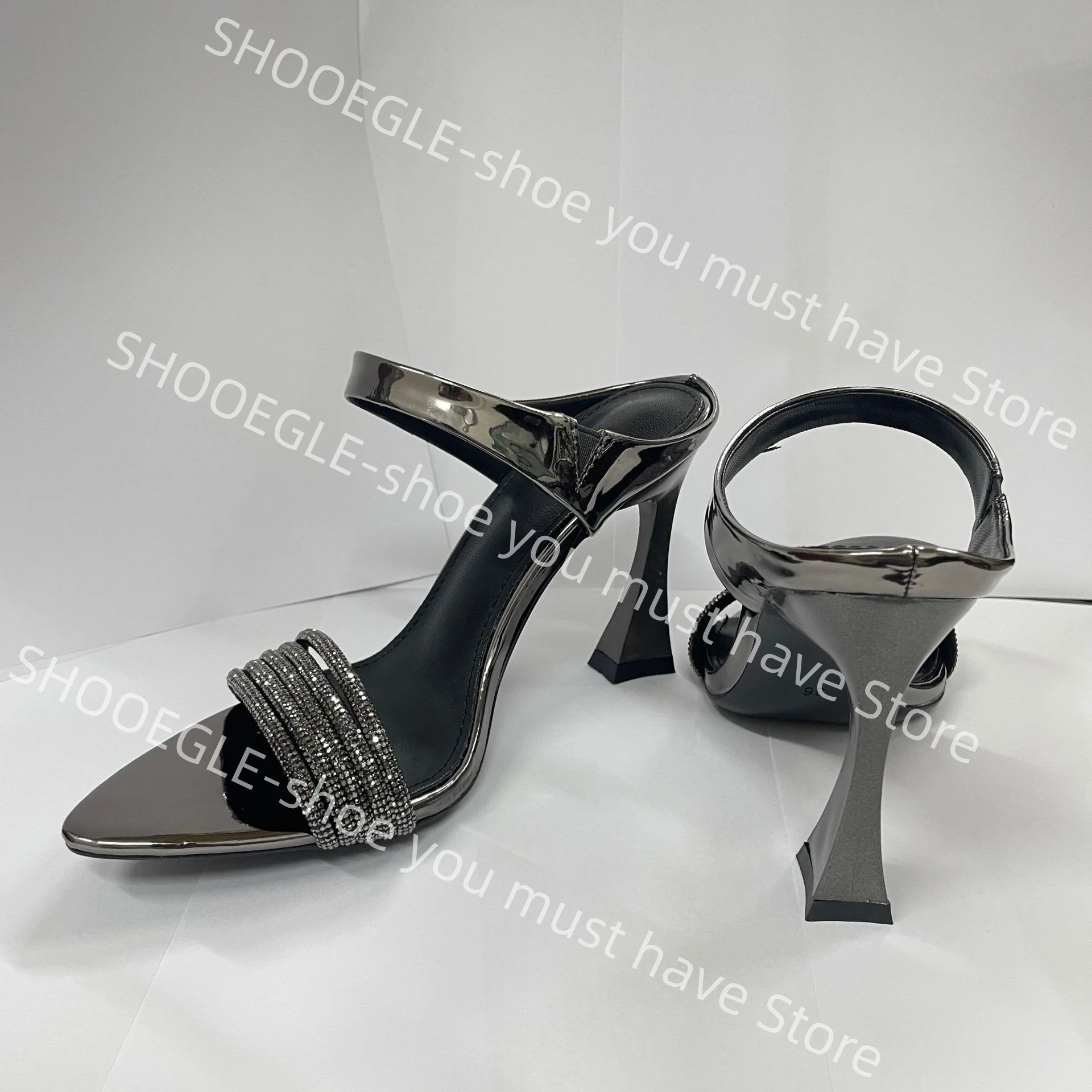 Women's Gunmetal Metallic Pointed-Toe Stiletto Heel Mules Rhinestone Straps Modern Slip-On Design Ladies Party Classic Slippers