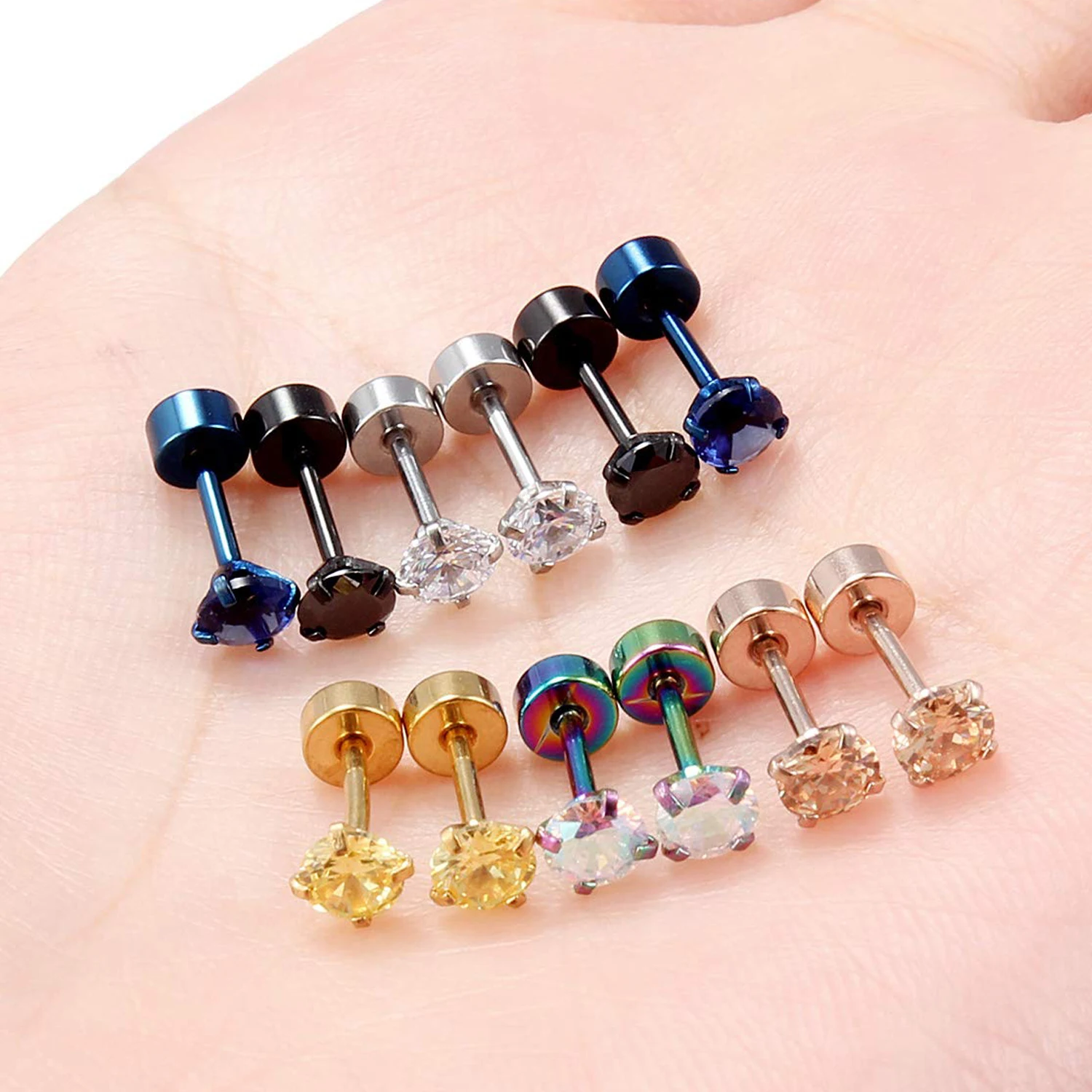 1/6pairs 18G Stainless Steel Cubic Zirconia Screw Back Tragus Cartilage Helix Earring Stud Jewelry Set for Women Men Size 4-6mm