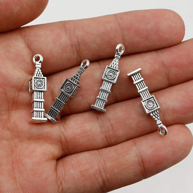 20pcs/Lot European Antqiue Clock Tower Jewelry Charms 27x6mm Necklace Bracelets Zinc Alloy Metal Pendants DIY Jewelry Materials