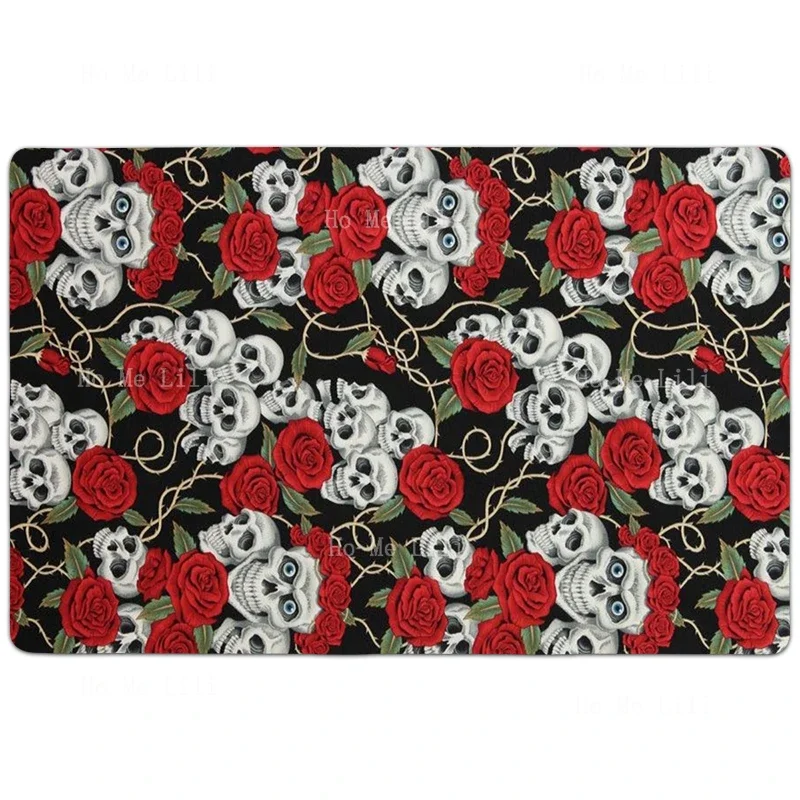 Red Rose Green Leaf White Skeleton Mexican Day Of The Dead Sugar Skull Non Slip Flannel Carpet For Home Decoratio