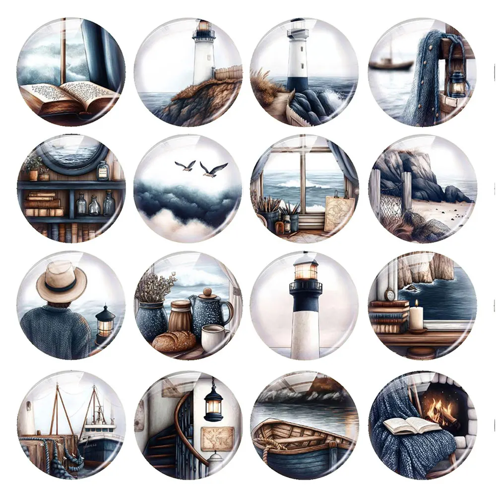 

Handmade Blue Navigation Lighthouse Ocean Wave Round Photo Glass Cabochon Flatback Demo Flat Back Cameo For Diy Jewelry Making