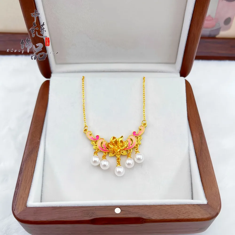 Enameled burnt blue honey powder drunk begonia pearl necklace female new Chinese style Chinese tide wind lotus 9999gold