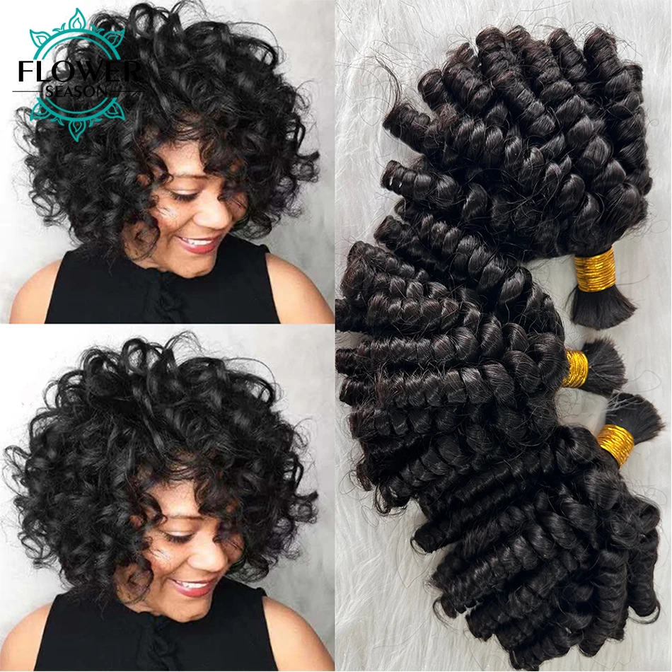 Funmi Curly Human Hair Bulk for Braiding Bouncy Curly Human Hair Bundles No Weft Double Drawn Bulk Hair for Boho Braids 3pcs