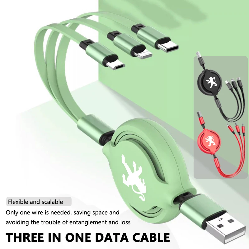 Accesorios para coche, carga rápida 3 en 1, Cable de datos USB para teléfono, pegatina para Peugeot Expert Rifter 206 307 308 3008 207 208 407 508 200