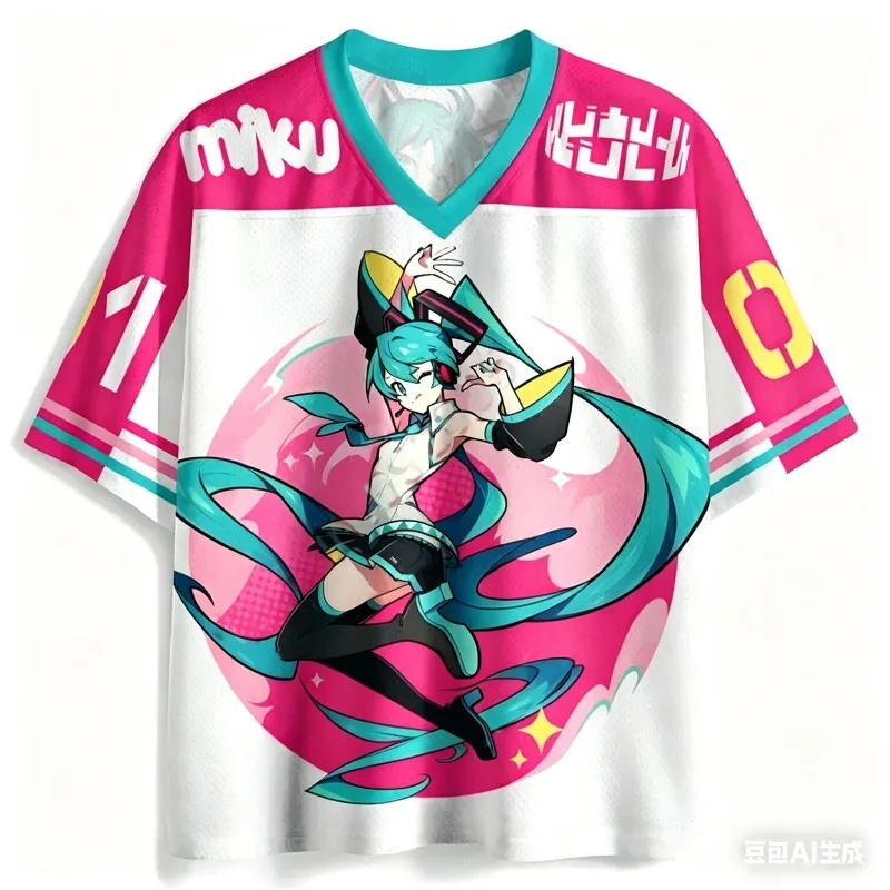 Vocaloid Hatsune Miku T-shirt Anime Jersey 3D Print Streetwear Top for Fans Harajuku Support Outfits V-Neck Short Sleeve Tee