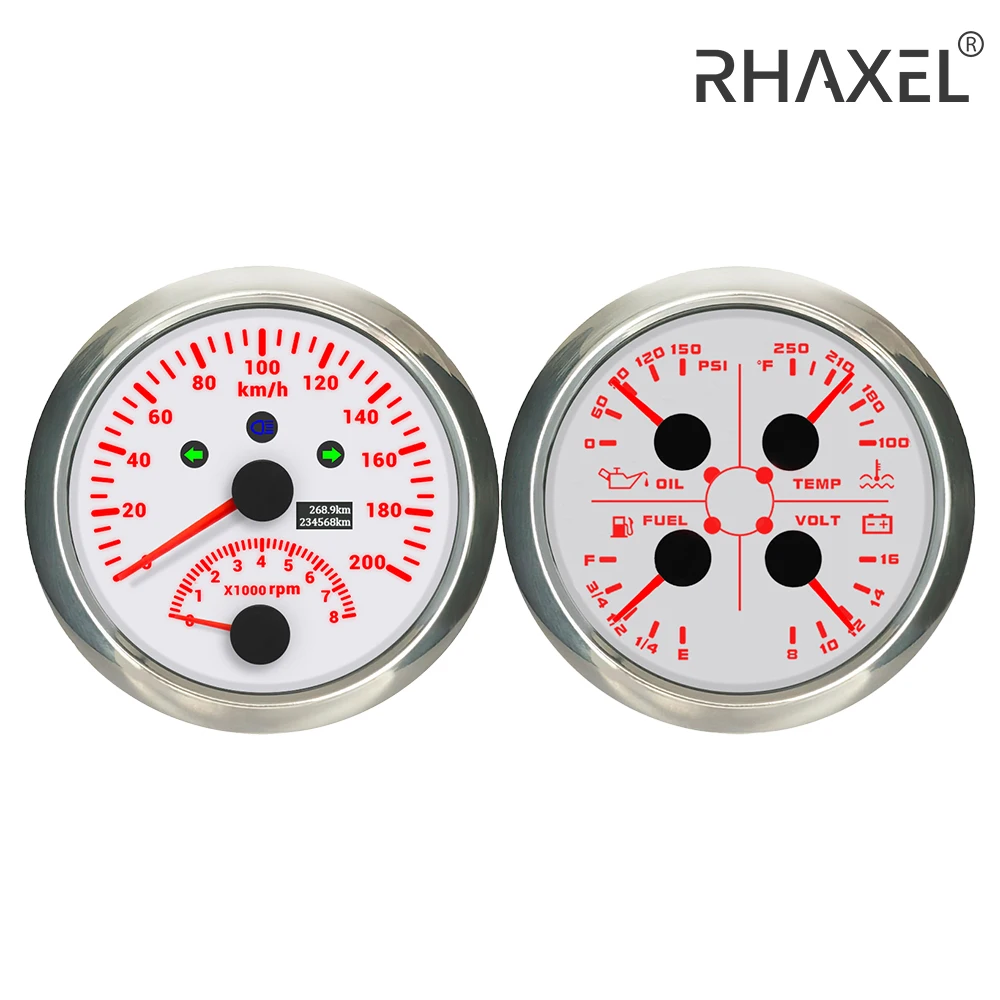 

RHAXEL 2 Gauge Kit Speedometer GPS 200MPH with Tachometer RPM 4in1 Fuel Level Water Temp. Oil Pressure 0-150PSI Voltmeter 12V