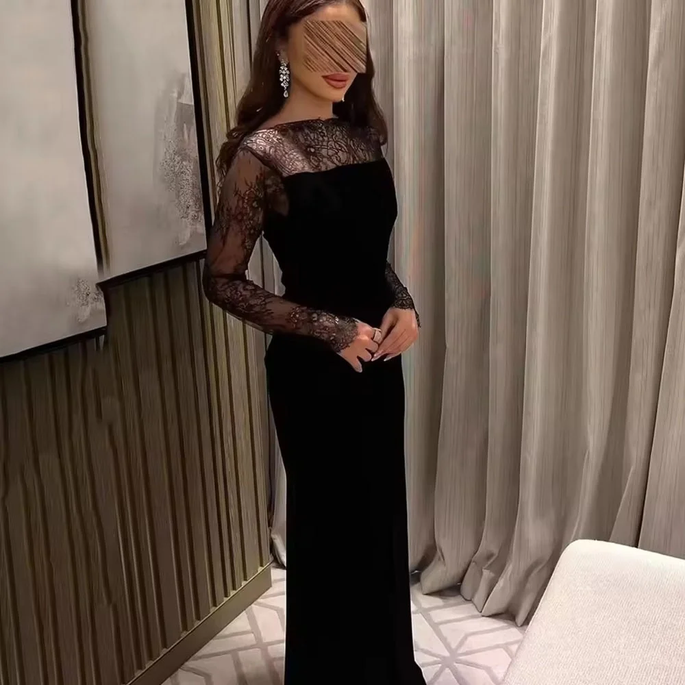 

Customized Evening Dress Gorgeous Long Sleeve Prom Dresses Ruched Formal Occasion Shining Lace Applique Party Gown Robe Soiree