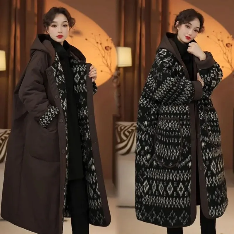 

Новая зимняя модная повседневная двусторонняя куртка на хлопковой подкладке, высококачественная женская куртка средней длины с капюшоном из овечьей кожи в стиле ретро