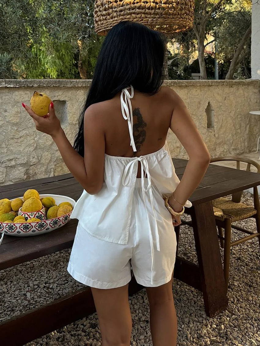 Marthaqiqi Cotton Femme Sleepwear Set Backless Pajama Sexy Spaghetti Strap Nightgown Lace Up Nightie Shorts Women Nightwear Suit