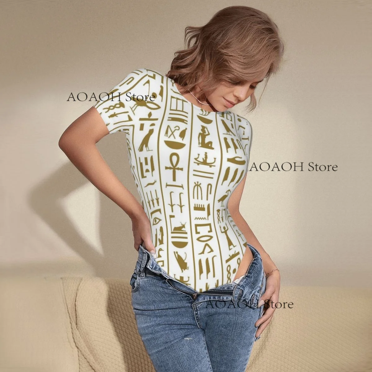 Woman Slim Bottoming Jumpsuit Female Short Ancient Egyptian Hieroglyph Jumpsuit Bodysiut Sexy Clothes