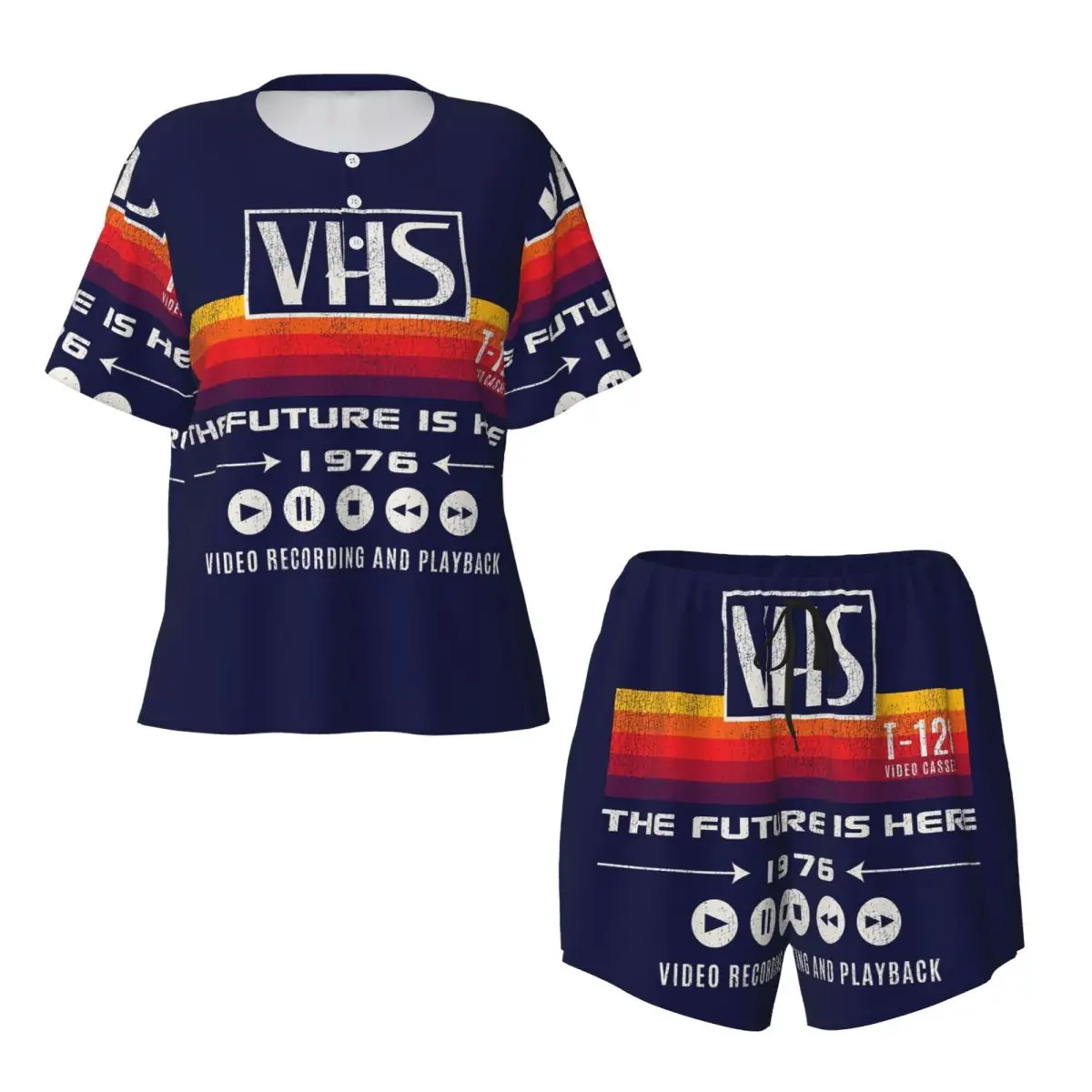 

VHS The Future Is Here 1976 Worn Out Dks Round Neck Short Sleeves Nightdress for Sleepshirts Women Soft Pajama Set Short Pants