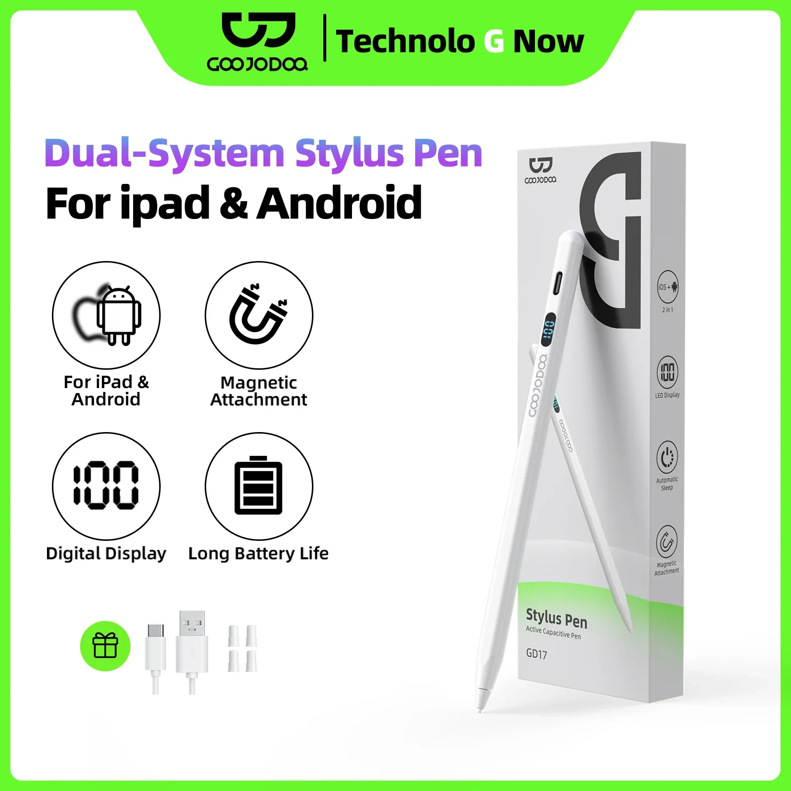 GOOJODOQ GD17 Stylus Pen Dual System For iPad and Android Pencil for Huawei Xiaomi Pad and Phones iPad Air A16 10th Gen iPad Pro