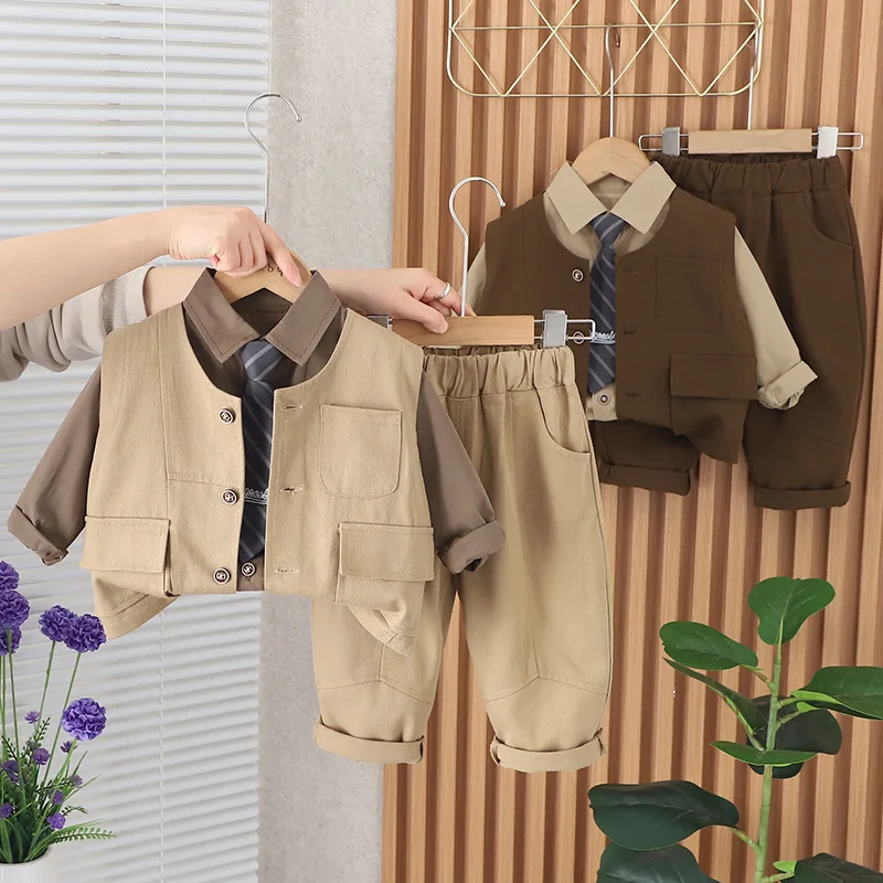 Boys Clothes Sets Spring Autumn 2024 Children Cotton Vest Tie Shirts Pants 3pcs Casual Suit For Baby Tracksuits Kid Outfits 5Y