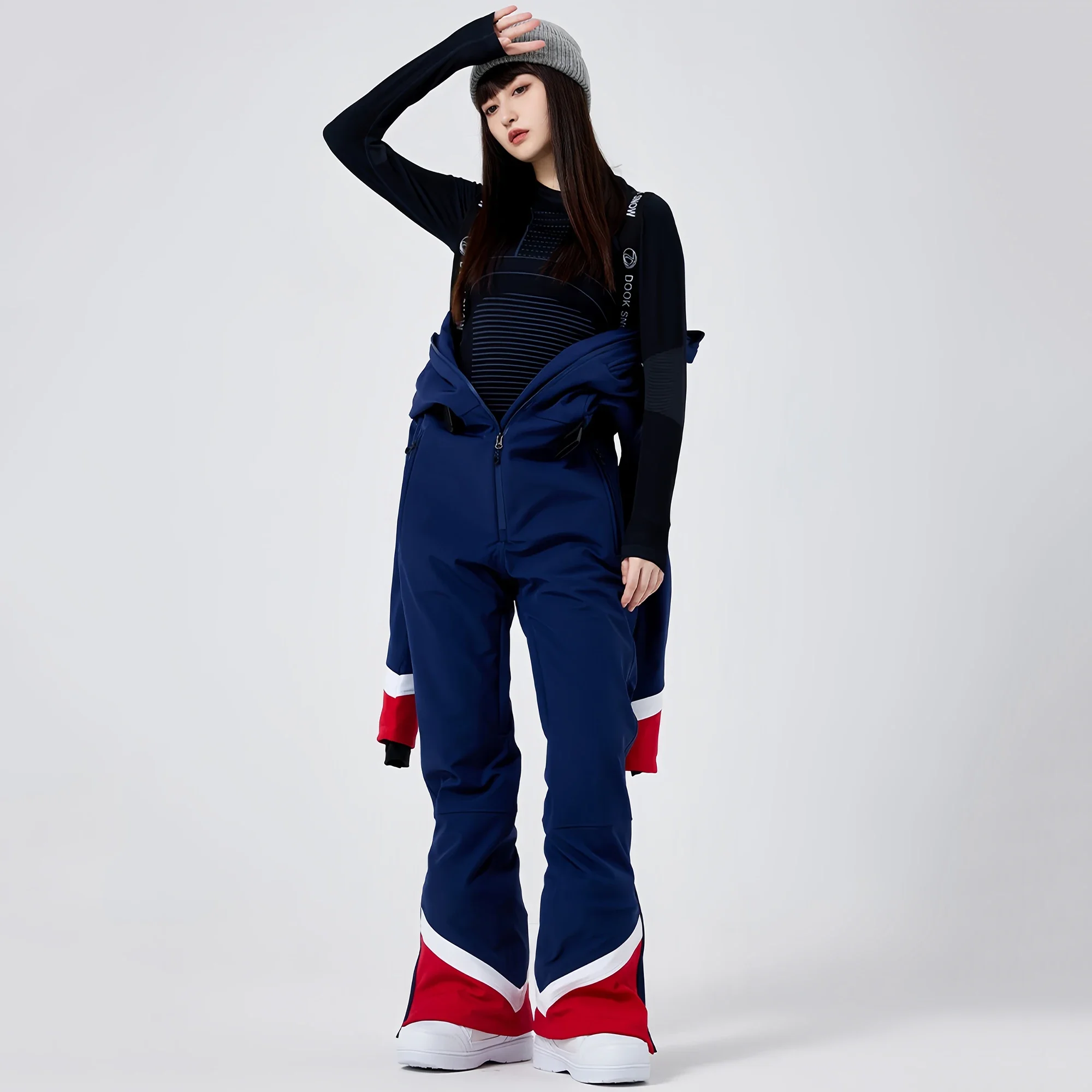 Slim Fit Women Ski Overalls Female Winter Snow Clothes Warm Breathable Skiing Suites Strap Jumpsuit Snowboard Tracksuit Hooded