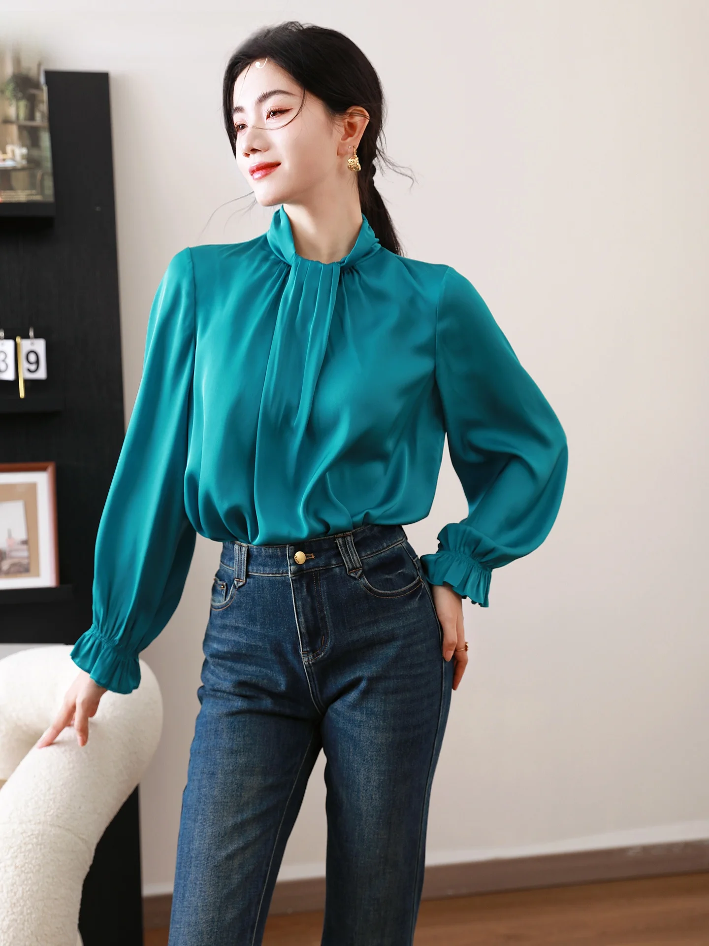 

Ele Pure Color Silk irt Women's Faionable Early Autumn Top Luxury Sensation Straight Cut Long Sve Stand Collar irt