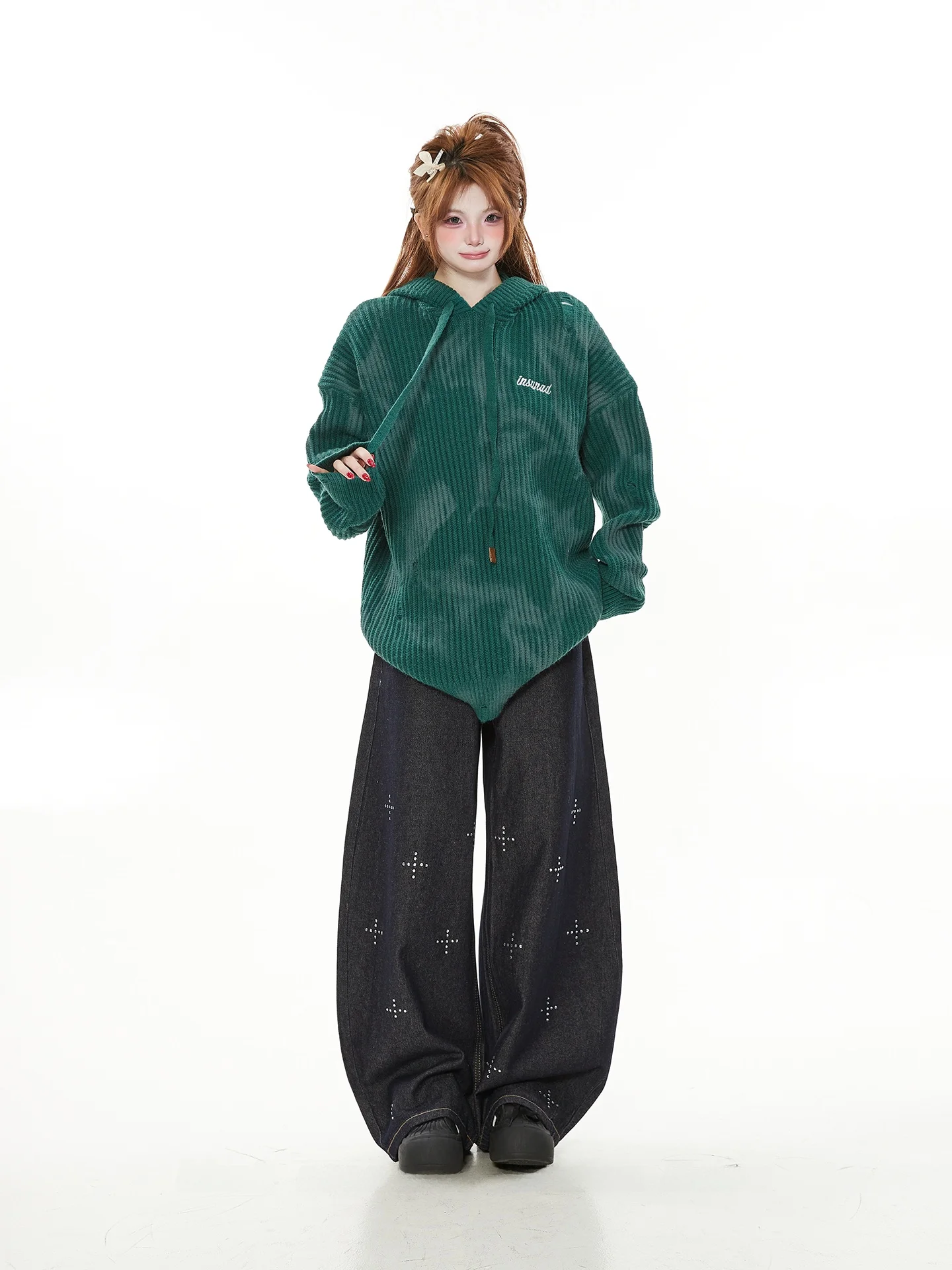 

Retro American Casual Tie Dye Hooded Loose Women's Sweater Spring Autumn Thiened Knitted Pullover High-End Feeling Sweatirt