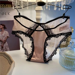 2024 Spring and Summer Thin Mesh Satin Stitching Women's Underwear Sexy Hollow Black Lace Briefs Quick-drying Soft Underwear