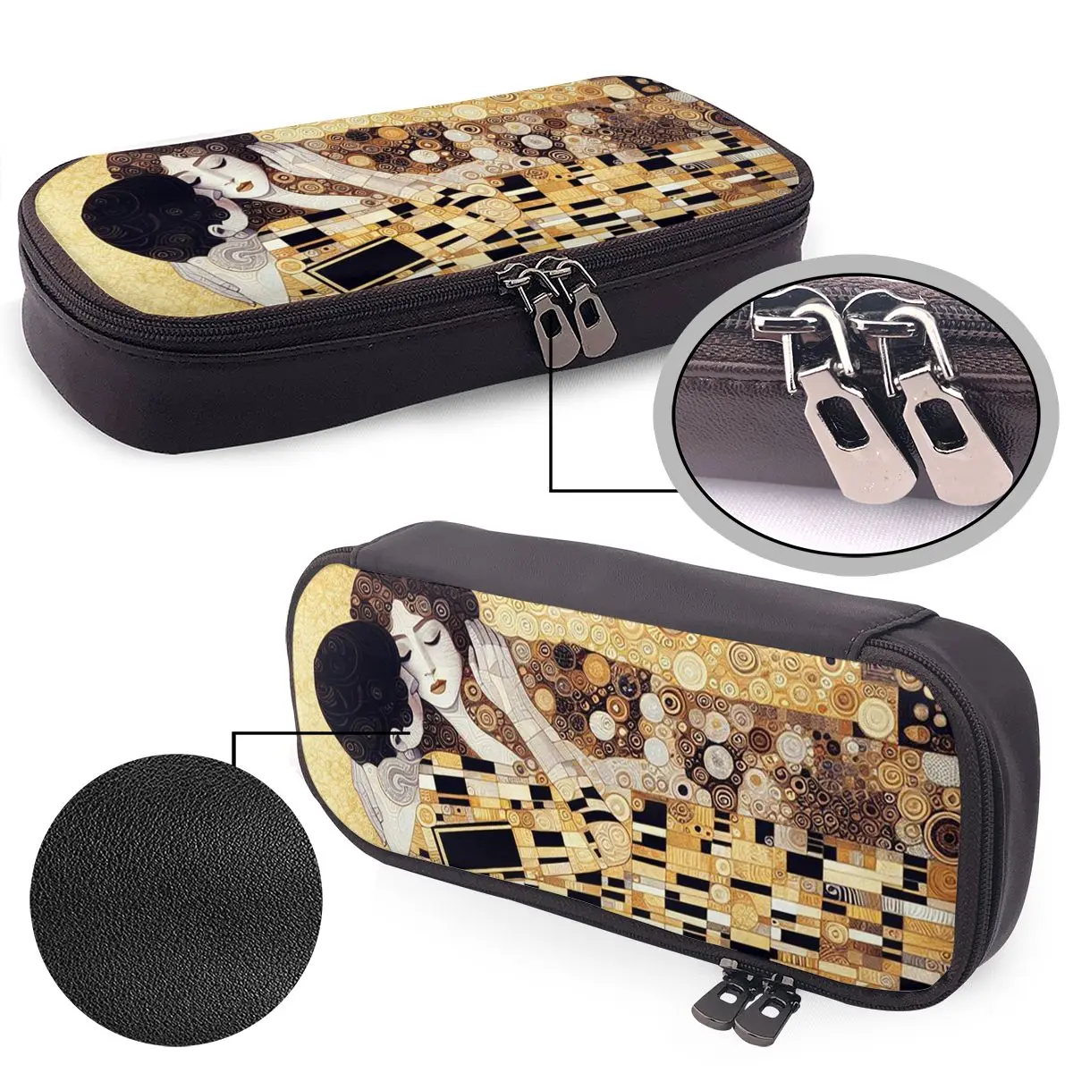Gustav Klimt The Kiss Abstract Freyas Art Leather Pencil Case for Kids Gifts Pen Box Pencil Bag Stationery Supplies