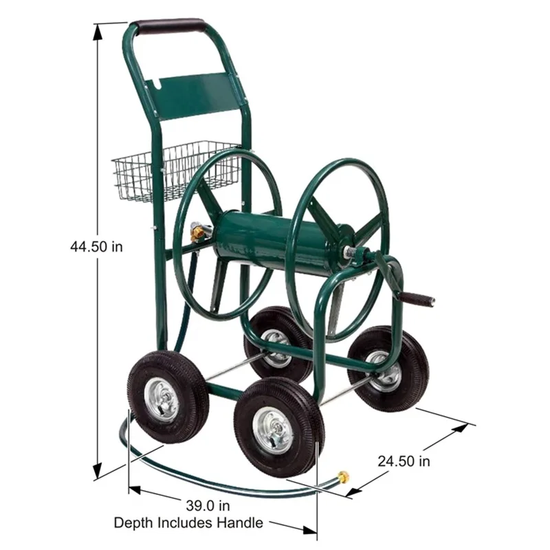 Garden water pipe truck, small four-wheel metal water pipe storage truck, hose winding pipe rack, portable storage rack