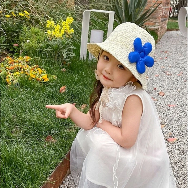 Ins Children's Hat Hand-woven Sun Hat Girl 3d Three-dimensional Flower Woven Foldable Straw Hat Sunshade Fisherman Hat