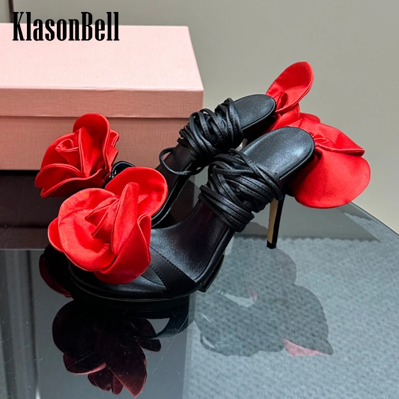 

4.7 KlasonBell Fashion Handmade Flower Sandals Women Sexy Thin High Heels Lace-up Bandage Peep Toe Female Shoes